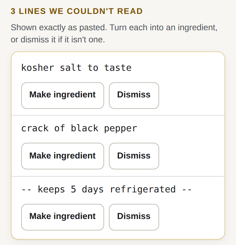 ScaleChef import review screen: a panel titled '3 lines we couldn't read' lists three pasted lines — kosher salt to taste, crack of black pepper, and keeps 5 days refrigerated — each shown exactly as pasted with buttons to make it an ingredient or dismiss it.